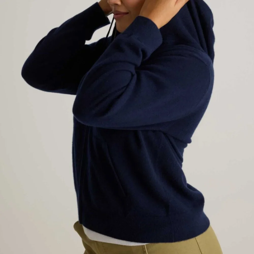 NWT Quince Mongolian Cashmere Full-Zip Hoodie Womens L True Navy - Picture 3 of 5